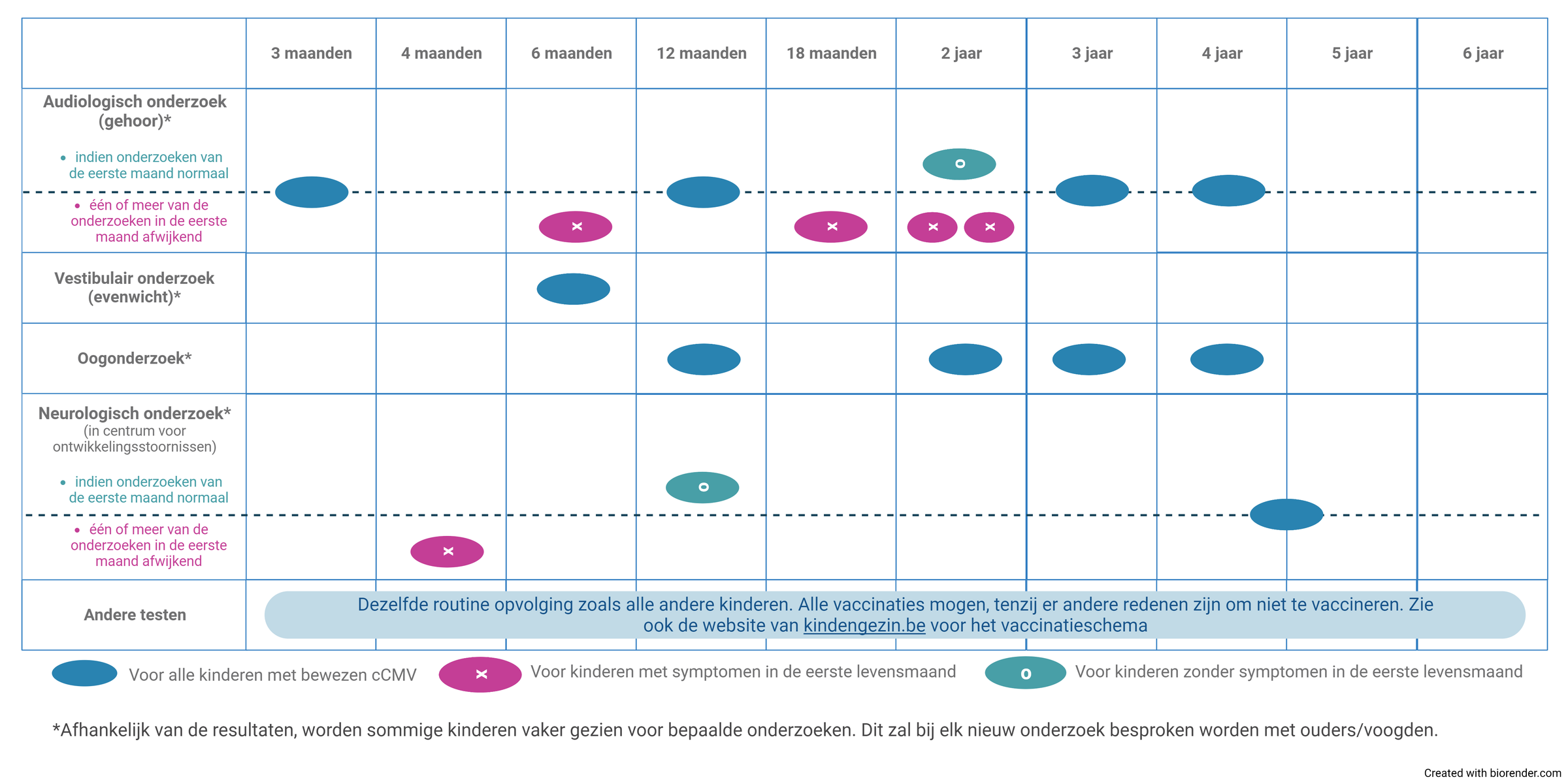 Schema met de opvolging van kinderen met cCMV per leeftijd